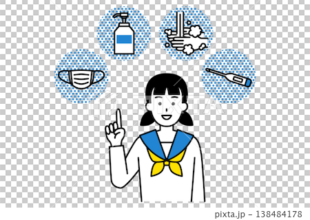 風邪予防の4つの方法（マスク・消毒・手洗い・検温）を案内する女子学生 138484178