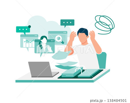 ハイブリッドワークでタスク過多に悩む男性と省エネの課題 138484501