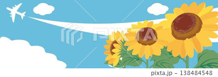 ひまわりと飛行機が飛ぶ青空の横長バナー背景イラスト、フレーム、夏休み、旅行、トラベル、デザイン素材 ひまわりと飛行機が飛ぶ青空の横長バナー背景イラスト、フレーム、夏休み、旅行、トラベル、デザイン素材 138484548