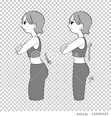 Before and after illustration of lordosis (posture improvement, anterior pelvic tilt, female, side view) 138484587