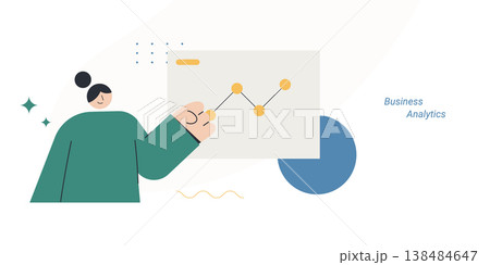 Flat style illustration of a woman person pointing at a line graph on a panel with pie chart, representing business analytics, data analysis and performance insight concept. 138484647