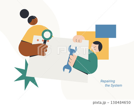 Flat style illustration of two diverse person using magnifying glass and wrench to inspect and fix a system panel, representing repairing the system, maintenance and IT support concept. Flat style illustration of two diverse person using magnifying glass and wrench to inspect and fix a system panel, representing repairing the system, maintenance and IT support concept. 138484650