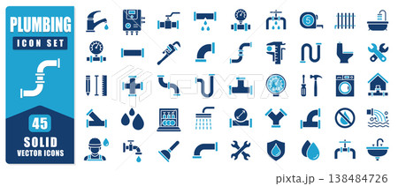 Plumbing Solid Icon Set Featuring Bold Vector Symbols Of Pipes, Water Systems, Tools, And Maintenance. Clean Modern Style Ideal For Web, Apps, Construction Projects, And Infographics. 138484726