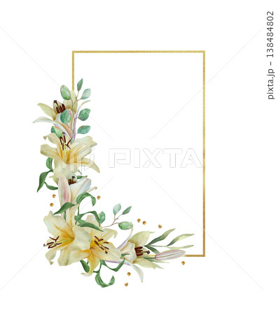 White lilies adorn a golden rectangular frame. Hand drawn watercolor illustration of delicate pastel flowers, isolated. Suitable for wedding invitations, birthday cards, Easter, baptism and funeral. White lilies adorn a golden rectangular frame. Hand drawn watercolor illustration of delicate pastel flowers, isolated. Suitable for wedding invitations, birthday cards, Easter, baptism and funeral. 138484802