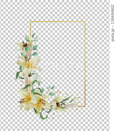 White lilies adorn a golden rectangular frame. Hand drawn watercolor illustration of delicate pastel flowers, isolated. Suitable for wedding invitations, birthday cards, Easter, baptism and funeral. 138484802
