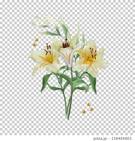 White lilies. Bouquet of delicate pastel flowers with a palm branch. Hand drawn watercolor illustration, isolated. Suitable for wedding invitations, birthday cards, Easter, funerals and baptisms. 138484803