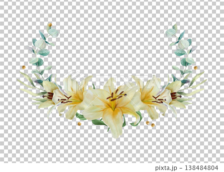 White lilies. Horizontal bouquet with curved eucalyptus branches. Hand drawn watercolor illustration of pastel flowers, isolated. For wedding invitations, birthday cards, Easter and funerals. White lilies. Horizontal bouquet with curved eucalyptus branches. Hand drawn watercolor illustration of pastel flowers, isolated. For wedding invitations, birthday cards, Easter and funerals. 138484804