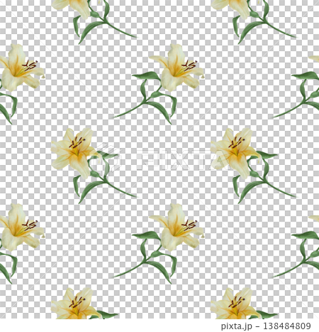White lilies seamless pattern. Hand drawn watercolor illustration of delicate pastel flowers, isolated. Suitable for textiles, wrapping paper, covers and napkins. 138484809