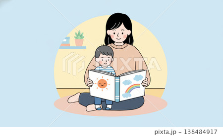 おやすみ前の穏やかな時間に母親が子供に読み聞かせをしている温かい雰囲気のイラストレーション。 138484917