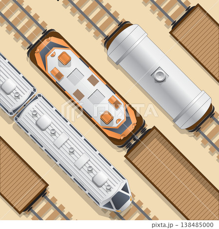 Railway locomotive and wagons at the station. View from above. Vector illustration. Railway locomotive and wagons at the station. View from above. Vector illustration. 138485000