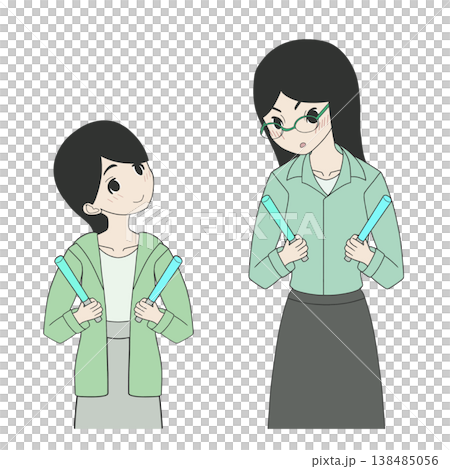 An illustration of a middle school girl and an adult woman smiling and chatting while holding the same penlight. 138485056