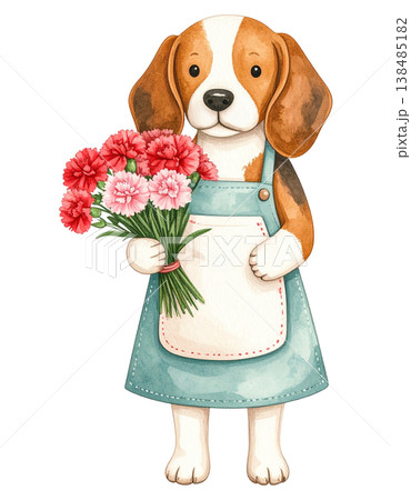 カーネーションを抱えるエプロン姿のビーグル　絵本挿絵風の切り抜きワンポイント素材3 138485182