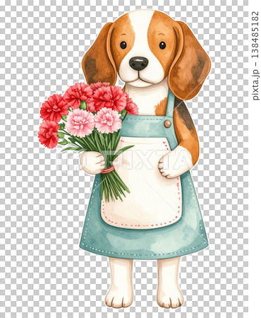 カーネーションを抱えるエプロン姿のビーグル　絵本挿絵風の切り抜きワンポイント素材3 138485182