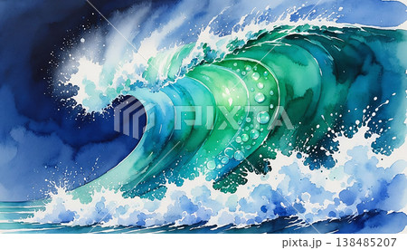 ティールとグリーンの鮮やかな水彩画の波 生成AI 138485207