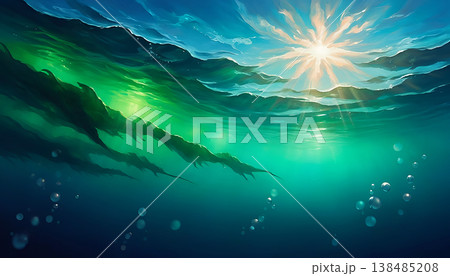 深い青色の海に差し込む日光の水中風景 生成AI 138485208