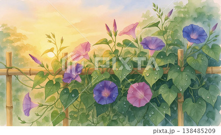 日の出の竹垣に咲く朝顔の水彩画イラスト 生成AI 138485209