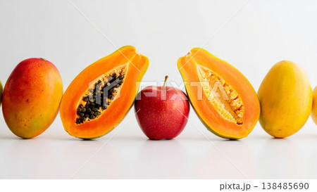 Minimalist Row of Fresh Tropical Fruits including Mango Papaya and Apple Sliced and Whole on a White Surface Representing Global Flavor and Nutritional Balance for Foodies. 138485690