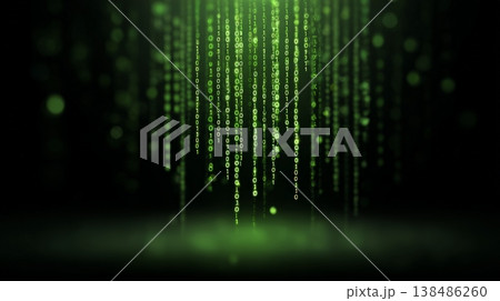 Green glowing binary code characters falling down a dark digital background, illustrating concepts of data flow, cybersecurity, programming, and advanced technology 138486260