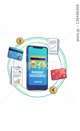 Mobile phone displaying a successful online payment transaction surrounded by credit cards, financial documents, dollar, and euro coins, depicting secure e commerce and digital banking 138486409