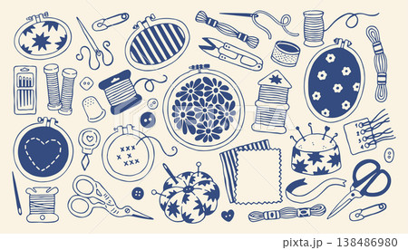 Hand drawn embroidery tools set featuring hoops and sewing needles. Minimalist doodle collection of thread and scissors in mediterranean blue vector 138486980