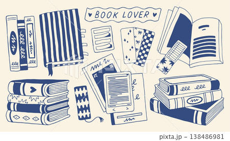 Minimalist book lover set with stacks of books and bookmarks. Hand drawn doodle collection of literature and reading accessories in blue vector 138486981