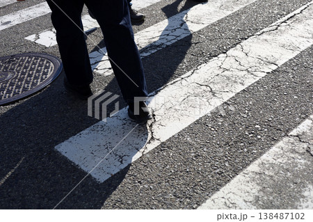 People walking across a zebra crossing on a sunny day. 138487102
