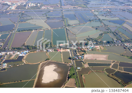 Aerial view of square fish ponds near Suvarnabhumi Airport, Thailand. 138487404