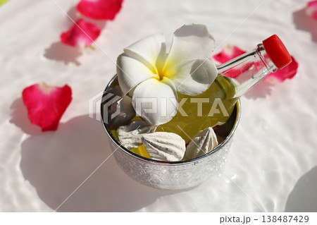 Traditional Thai perfume surrounded by rose petals and jasmine flowers. Songkran festival background 138487429