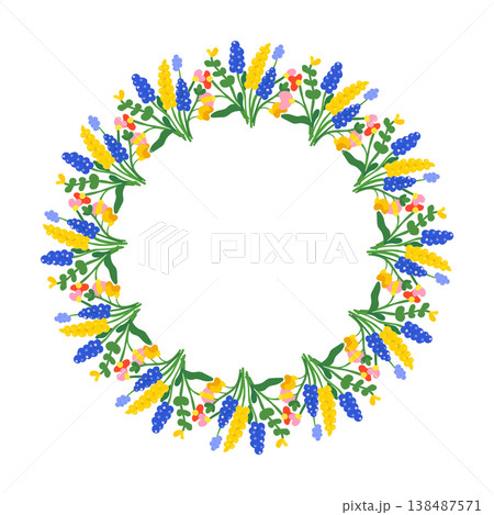 Decorative floral circle with yellow and blue lupine flowers and green foliage on white Decorative floral circle with yellow and blue lupine flowers and green foliage on white 138487571