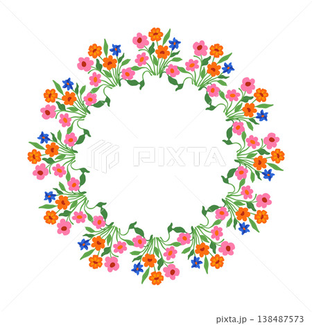 Colorful round floral frame with pink and orange daisy flowers and green leaves illustration 138487573