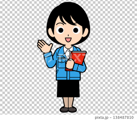 一位短髮女職員拿著文件引導客戶。 138487810