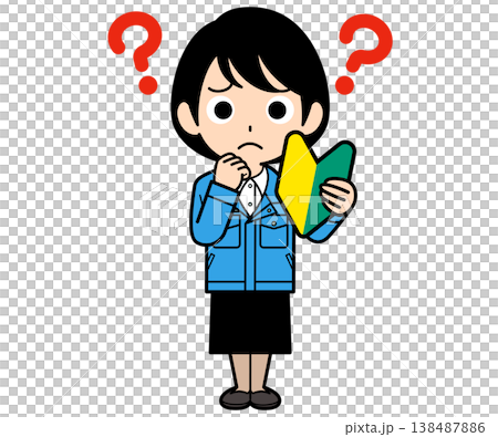 初心者マークを持って疑問に思うショートヘアーの事務員の女性 初心者マークを持って疑問に思うショートヘアーの事務員の女性 138487886