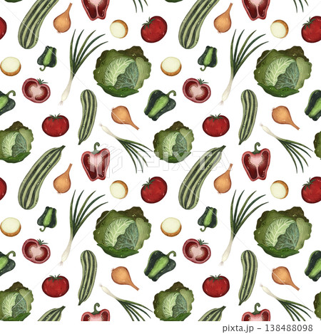 A seamless watercolor pattern featuring a variety of red and green vegetables on a white background. A seamless watercolor pattern featuring a variety of red and green vegetables on a white background. 138488098