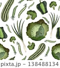 A fresh seamless watercolor pattern featuring a variety of green vegetables set against a clean white background. 138488134