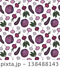 A vibrant seamless watercolor pattern showcasing a variety of vegetables in pink and purple tones set against a clean white background. 138488143
