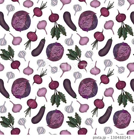 A vibrant seamless watercolor pattern showcasing a variety of vegetables in pink and purple tones set against a clean white background. 138488143