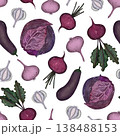 A vibrant seamless watercolor pattern showcasing a variety of vegetables in pink and purple tones set against a clean white background. 138488153