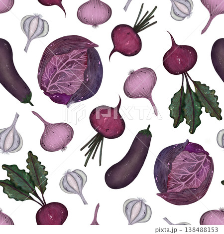 A vibrant seamless watercolor pattern showcasing a variety of vegetables in pink and purple tones set against a clean white background. 138488153