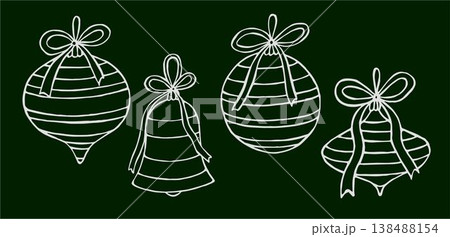 Vector illustration of four Christmas ornaments decorated with bows on a dark green background. 138488154