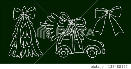 Vector illustration of a Christmas tree with a big bow, a separate bow and a car with a tree on the roof on a dark green background. 138488155
