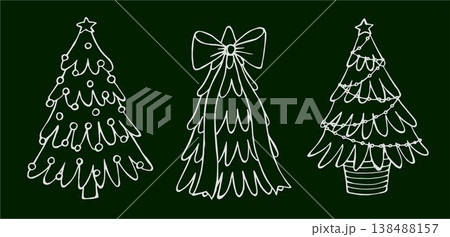 Vector illustration of three decorated Christmas trees on a dark green background. Vector illustration of three decorated Christmas trees on a dark green background. 138488157