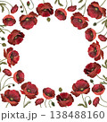 A watercolor circular frame of red poppy flowers with green foliage on a white background 138488160