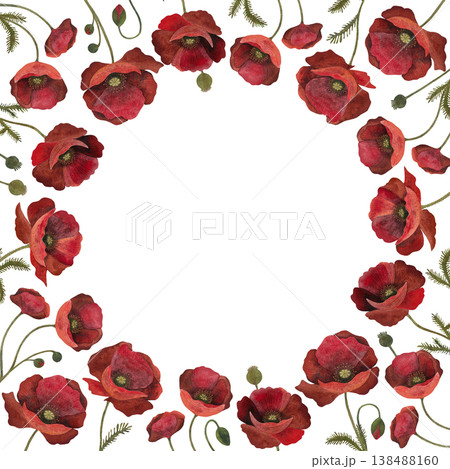 A watercolor circular frame of red poppy flowers with green foliage on a white background A watercolor circular frame of red poppy flowers with green foliage on a white background 138488160