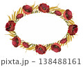 A watercolor oval frame of red poppy flowers and golden wheat ears on a white background 138488161