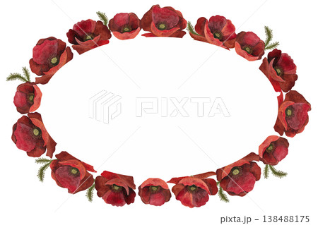 A beautiful watercolor illustration featuring an oval frame made of vibrant red poppy flowers and lush greenery against a clean white background A beautiful watercolor illustration featuring an oval frame made of vibrant red poppy flowers and lush greenery against a clean white background 138488175