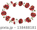 A beautiful watercolor illustration featuring an oval frame made of vibrant red poppy flowers and lush greenery against a clean white background 138488181