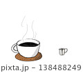 コースターの上に置かれた白いカップに注がれたホットコーヒーとミルクピッチャー 138488249