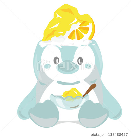 ペンギンがモチーフの容器に入った、レモン味のかき氷のイラスト ペンギンがモチーフの容器に入った、レモン味のかき氷のイラスト 138488437