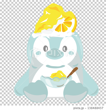 ペンギンがモチーフの容器に入った、レモン味のかき氷のイラスト ペンギンがモチーフの容器に入った、レモン味のかき氷のイラスト 138488437