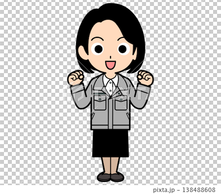 A female office worker with a one-curl bob hairstyle makes a triumphant gesture. 138488608